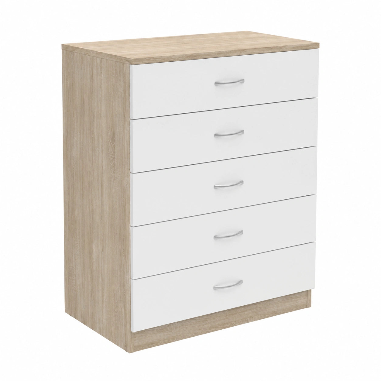 Cómoda Dormidan 5 Cajones con Guías Metálicas para Dormitorio - Roble y Blanco