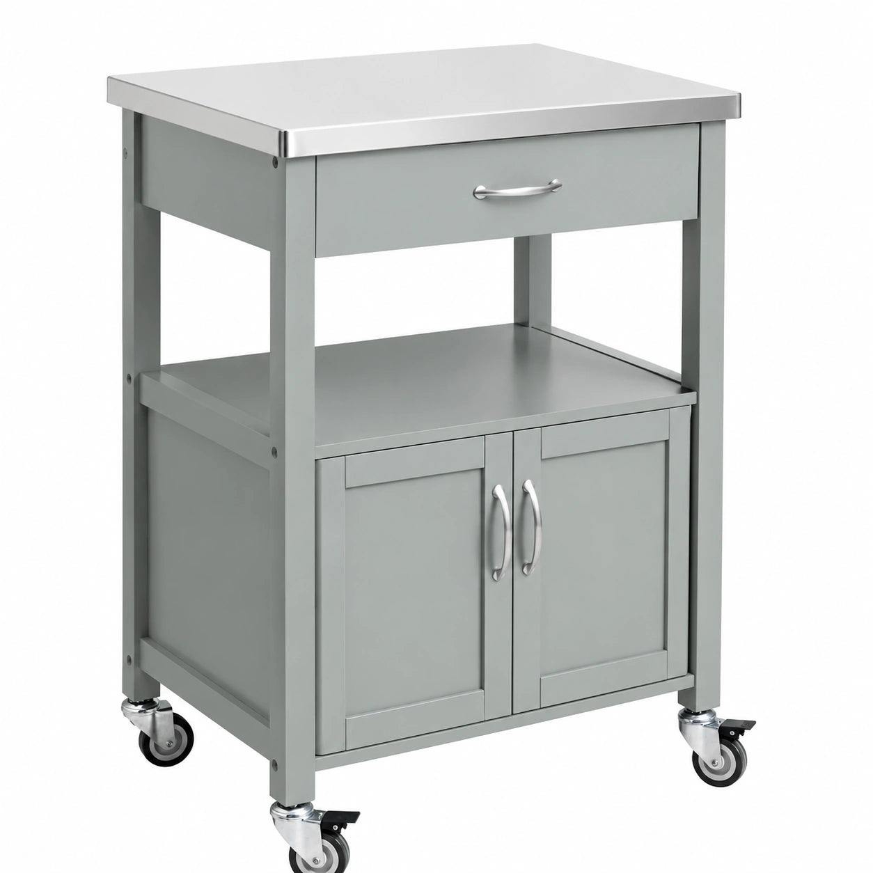 Carrito Auxiliar de Cocina con Encimera de Madera y Ruedas, Estantería y Armario Doble, Gris 60x92x44cm