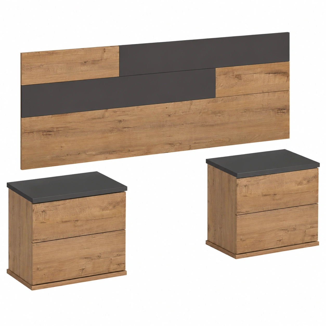 Conjunto de Cabecero y Mesitas de Noche Erika, Fácil Montaje, Gris y Roble Dorado, para Cama Doble 150 cm