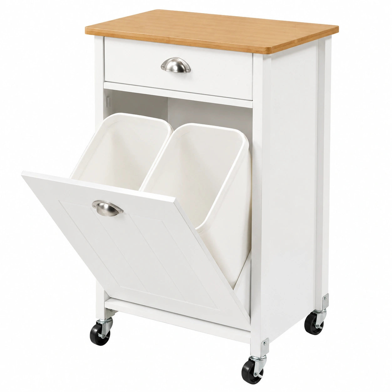 Carrito de Cocina con Separador de Residuos, 50x37x79 cm, Blanco y Bambú